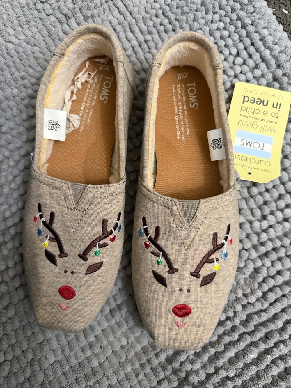 TOMS Beige Reindeer Slip-On Shoes with Multicolor Embroidery